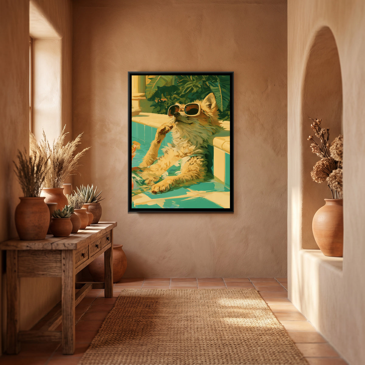 Poolside Cat — canvas art shown in a second room setting