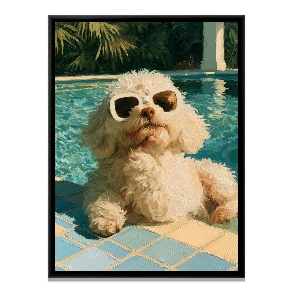 Poodle in Sunglasses — framed canvas print, front view