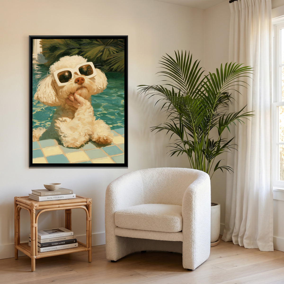 Poodle in Sunglasses — canvas art shown in a second room setting