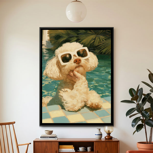Poodle in Sunglasses — framed canvas art hung on a wall