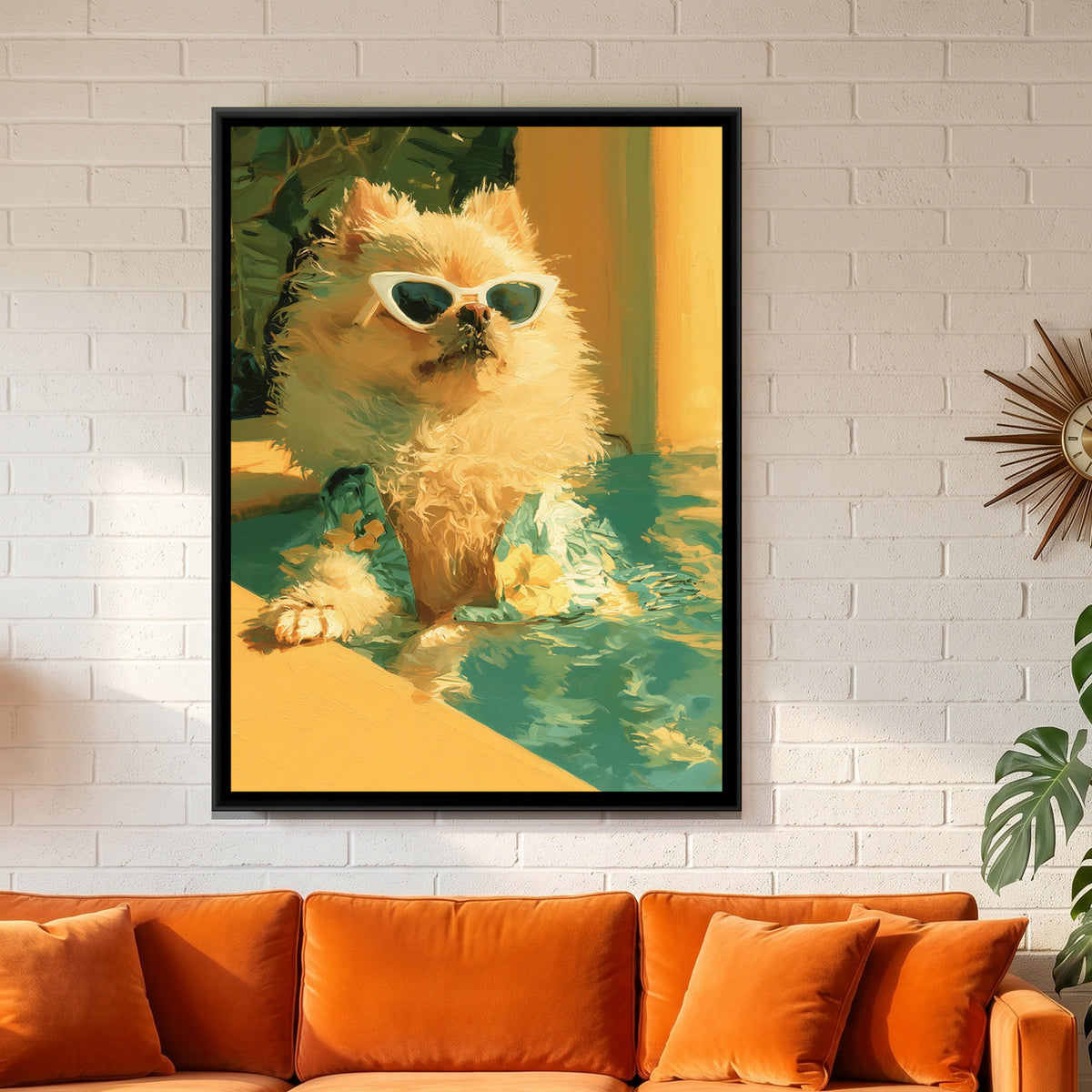 Pomeranian in Sunglasses — framed canvas art hung on a wall