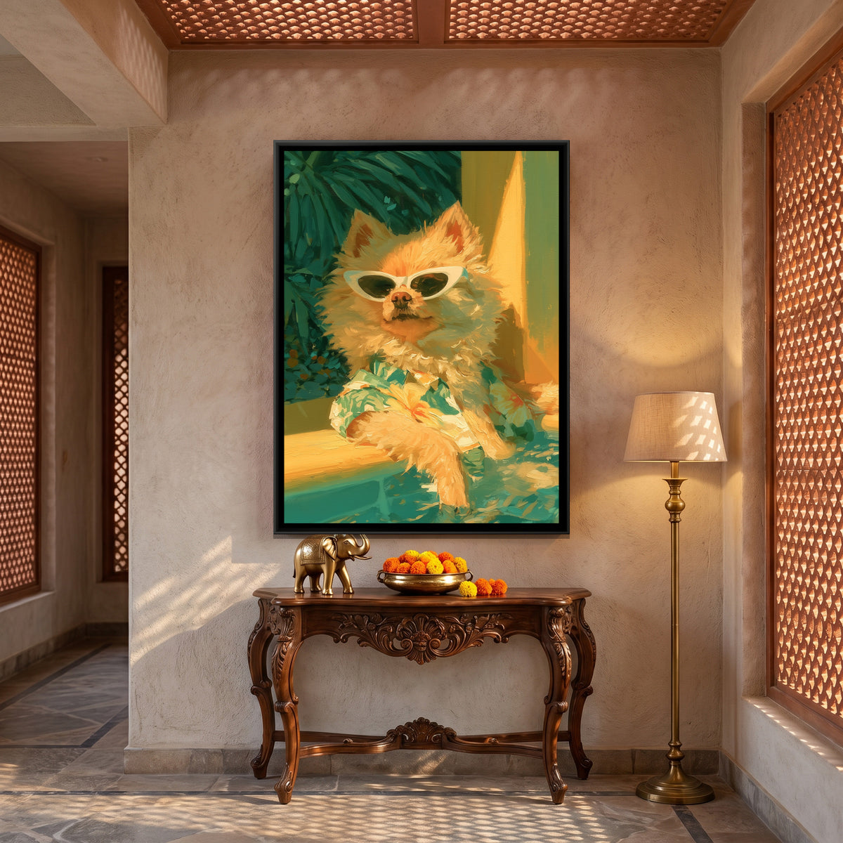 Pomeranian in Sunglasses — canvas art shown in a styled room