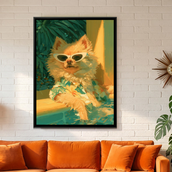 Pomeranian in Sunglasses — framed canvas art hung on a wall