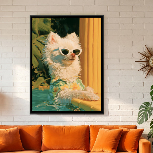 Pomeranian in Sunglasses — framed canvas art hung on a wall