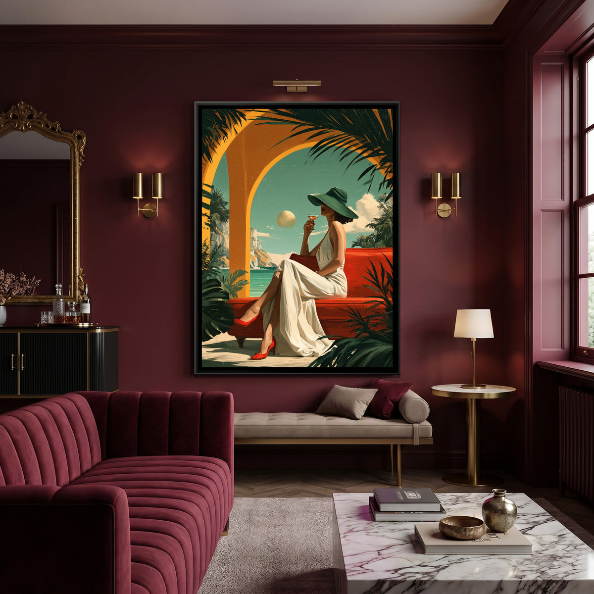 Retro Woman with Cocktail — canvas art shown in a second room setting