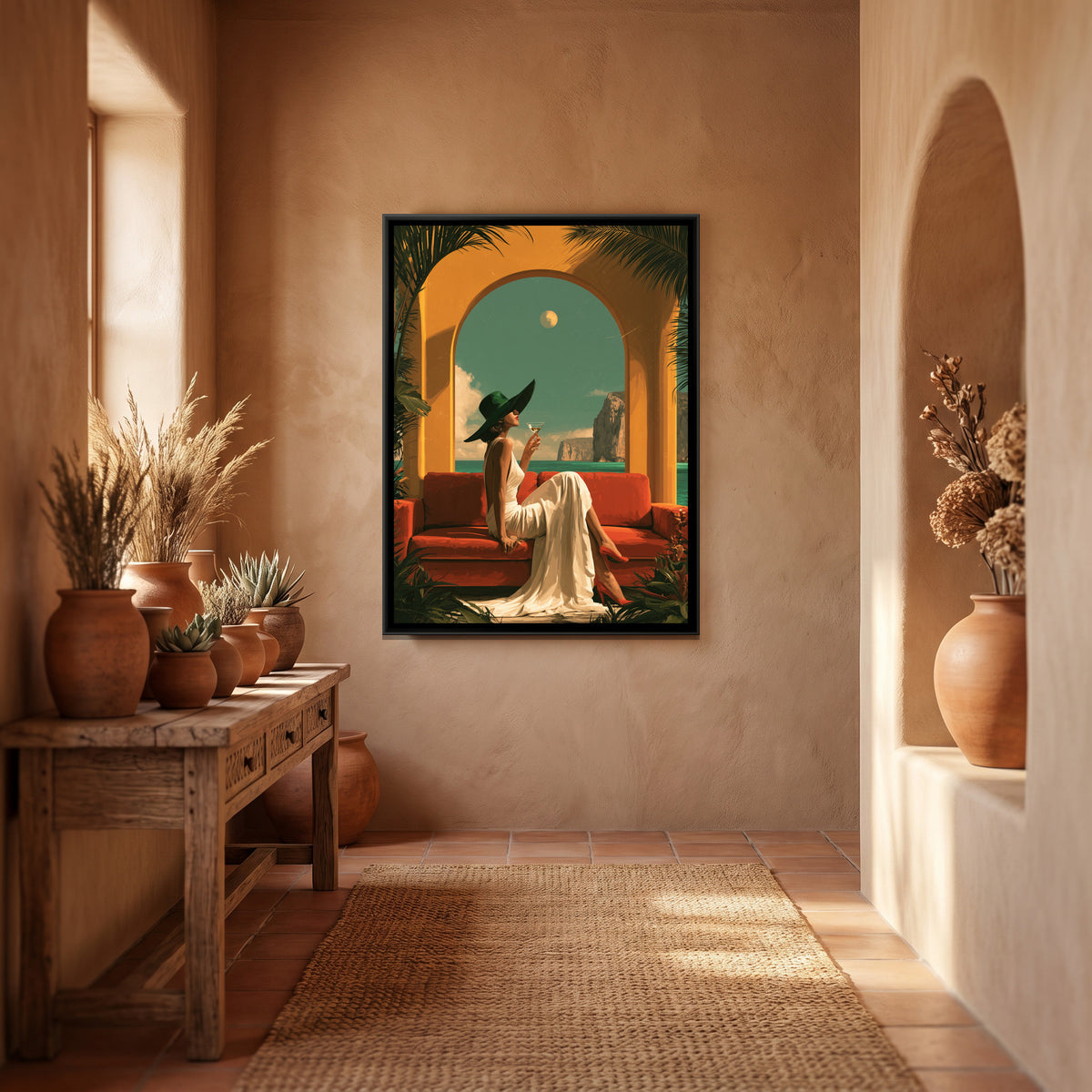 Retro Woman with Cocktail — canvas art shown in a styled room