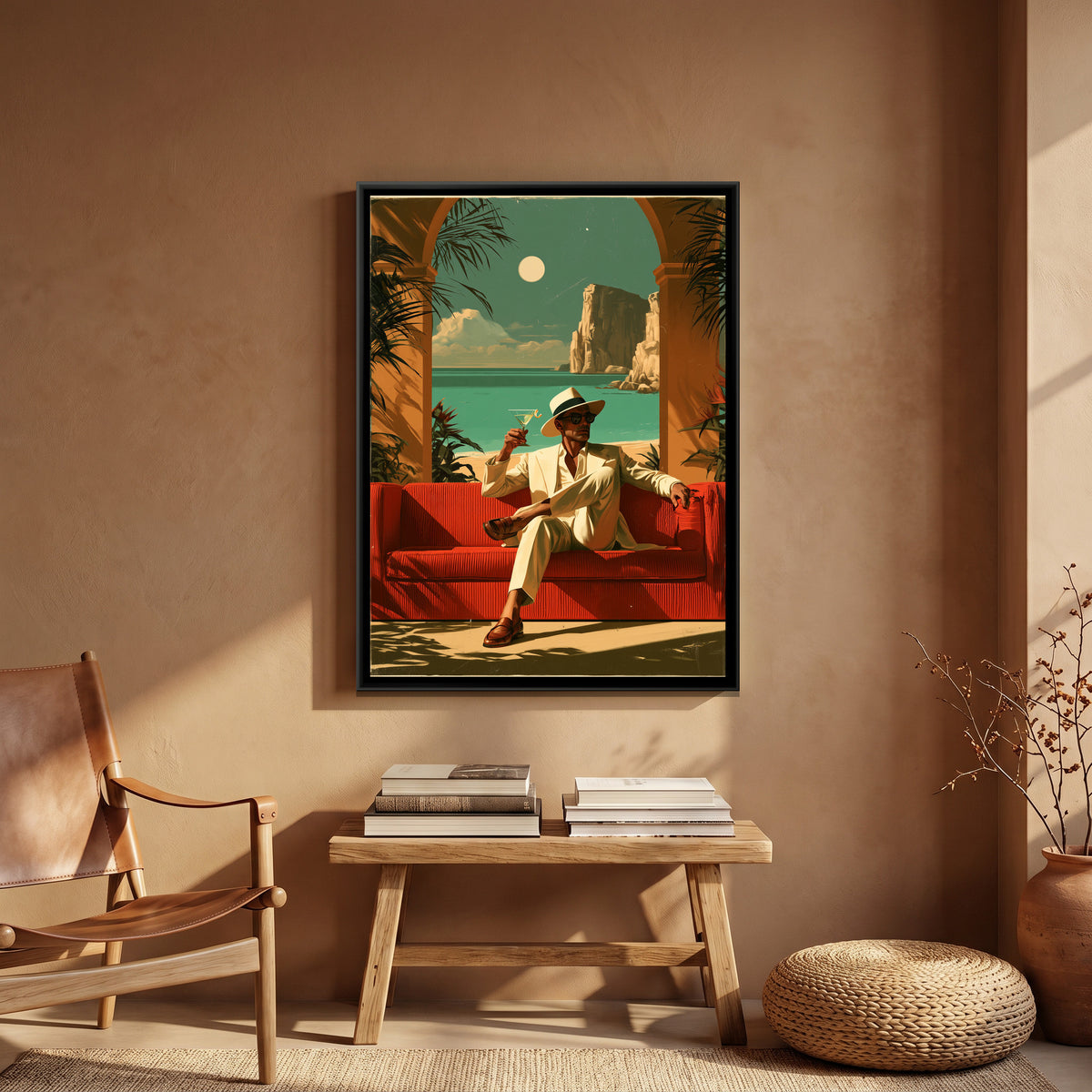 Retro Man with Cocktail — canvas art shown in a second room setting