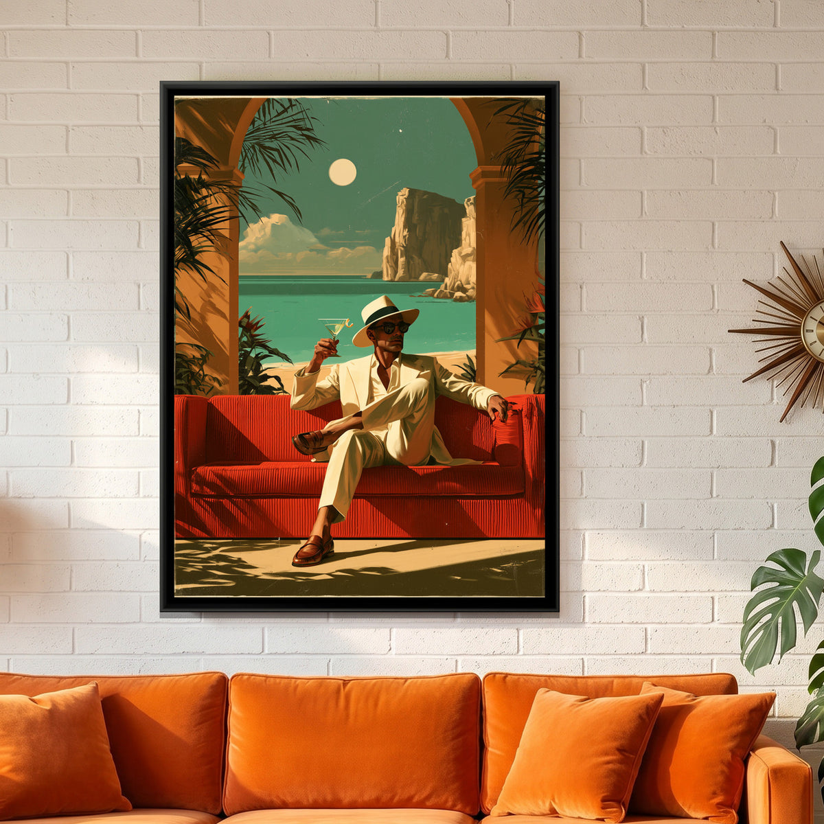 Retro Man with Cocktail — framed canvas art hung on a wall