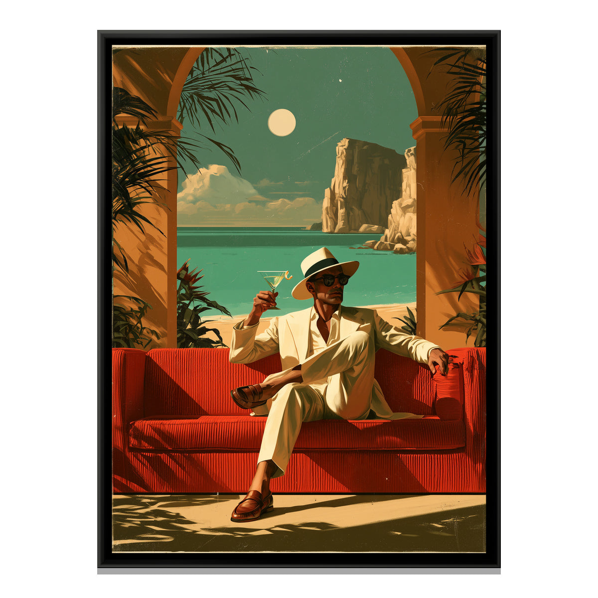 Retro Man with Cocktail — framed canvas print, front view
