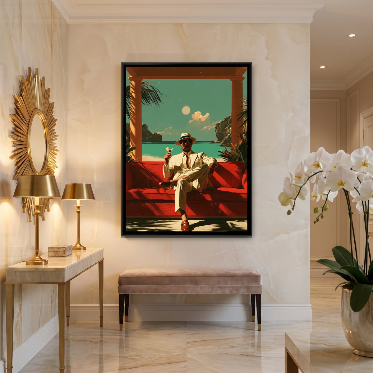 Retro Man with Cocktail — canvas art shown in a styled room
