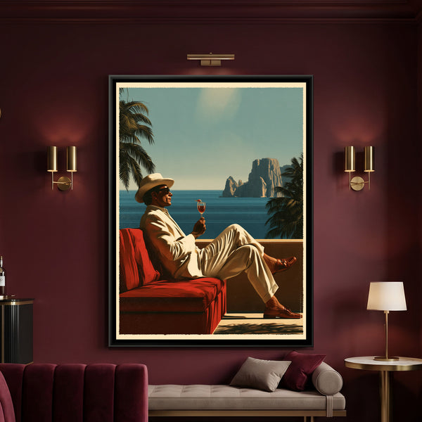 Retro Man with Cocktail — framed canvas art hung on a wall