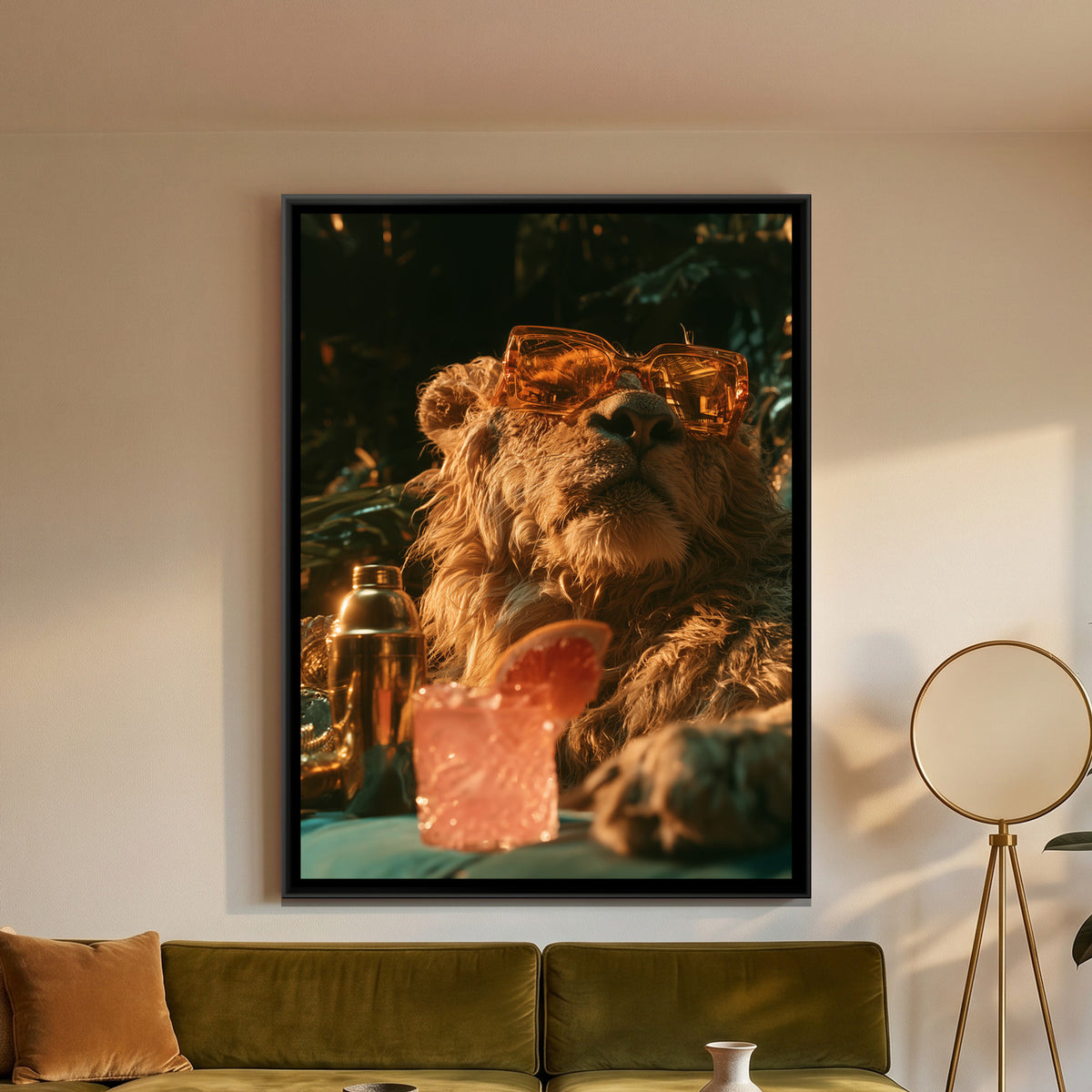 Lion in Sunglasses — framed canvas art hung on a wall