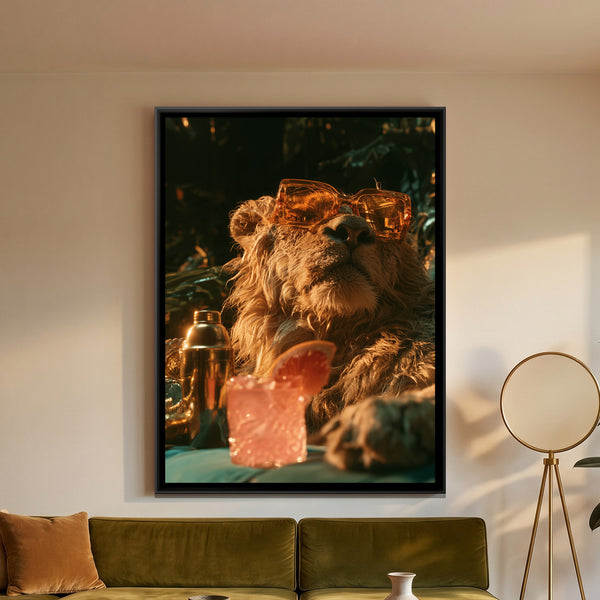 Lion in Sunglasses — framed canvas art hung on a wall
