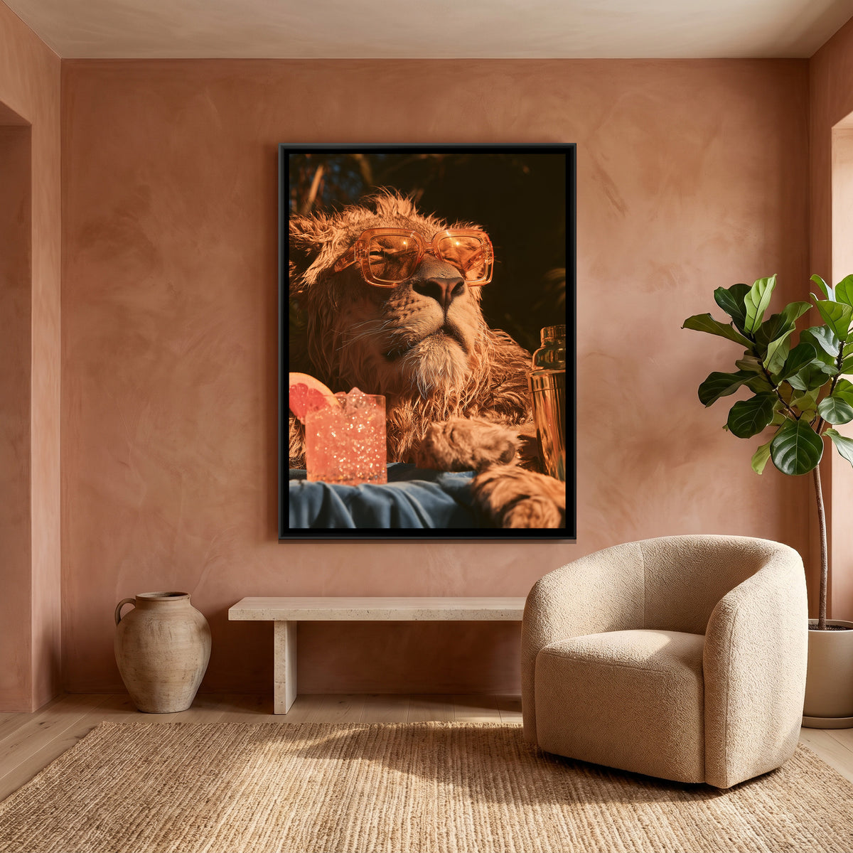 Lion in Sunglasses — canvas art shown in a second room setting