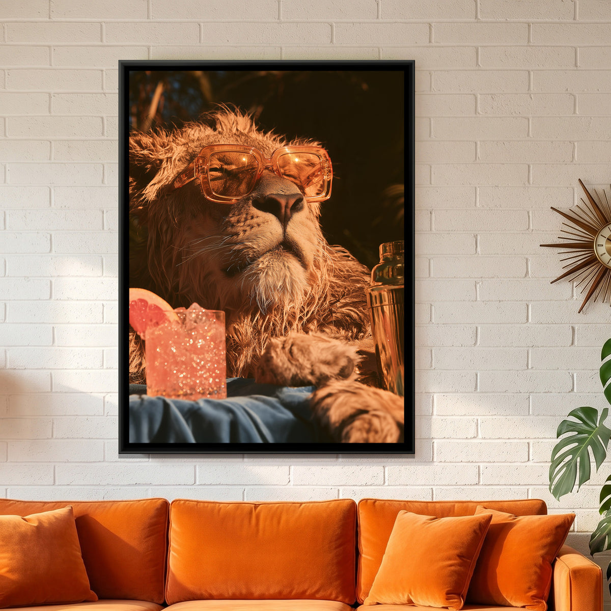 Lion in Sunglasses — framed canvas art hung on a wall