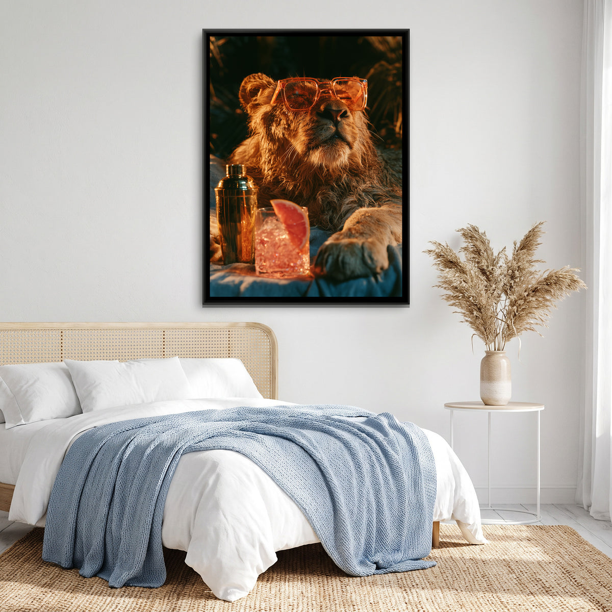 Lion in Sunglasses — canvas art shown in a styled room