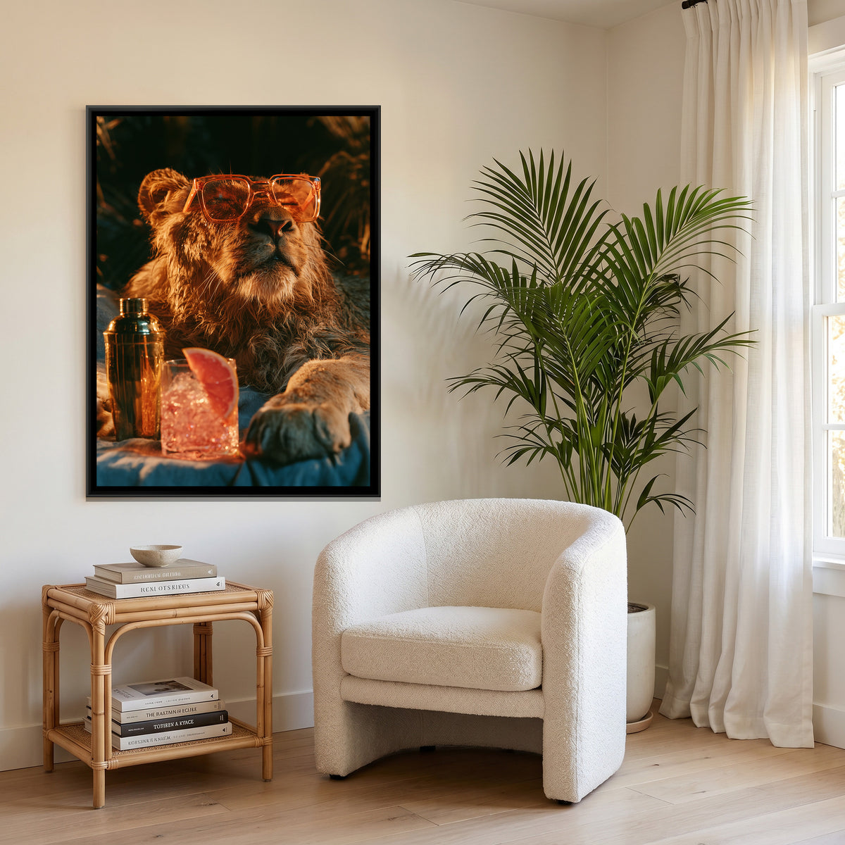 Lion in Sunglasses — canvas art shown in a second room setting