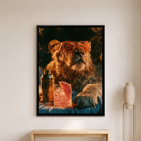 Lion in Sunglasses — framed canvas art hung on a wall