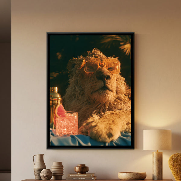 Lion in Sunglasses — framed canvas art hung on a wall