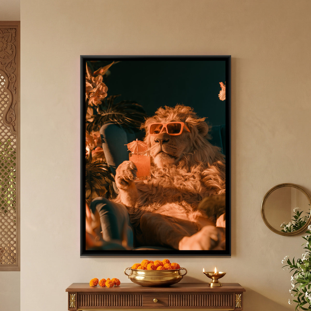 Lion with Cocktail — framed canvas art hung on a wall