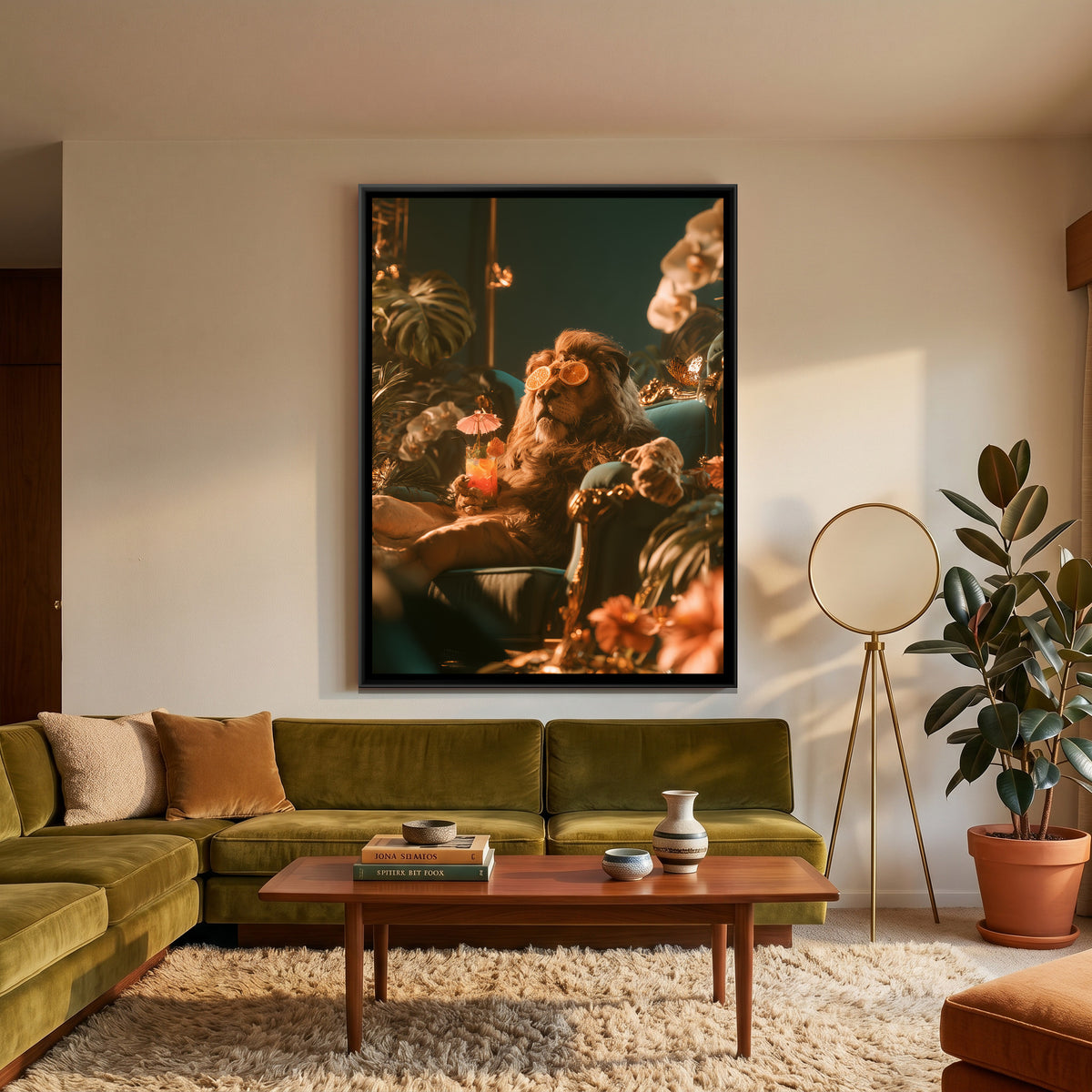 Lion with Cocktail — canvas art shown in a second room setting