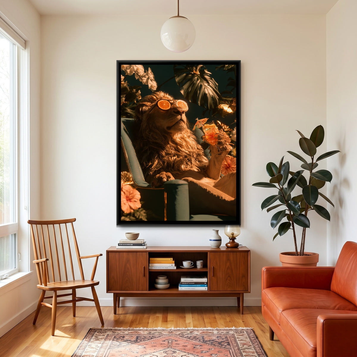 Lion with Cocktail — canvas art shown in a styled room