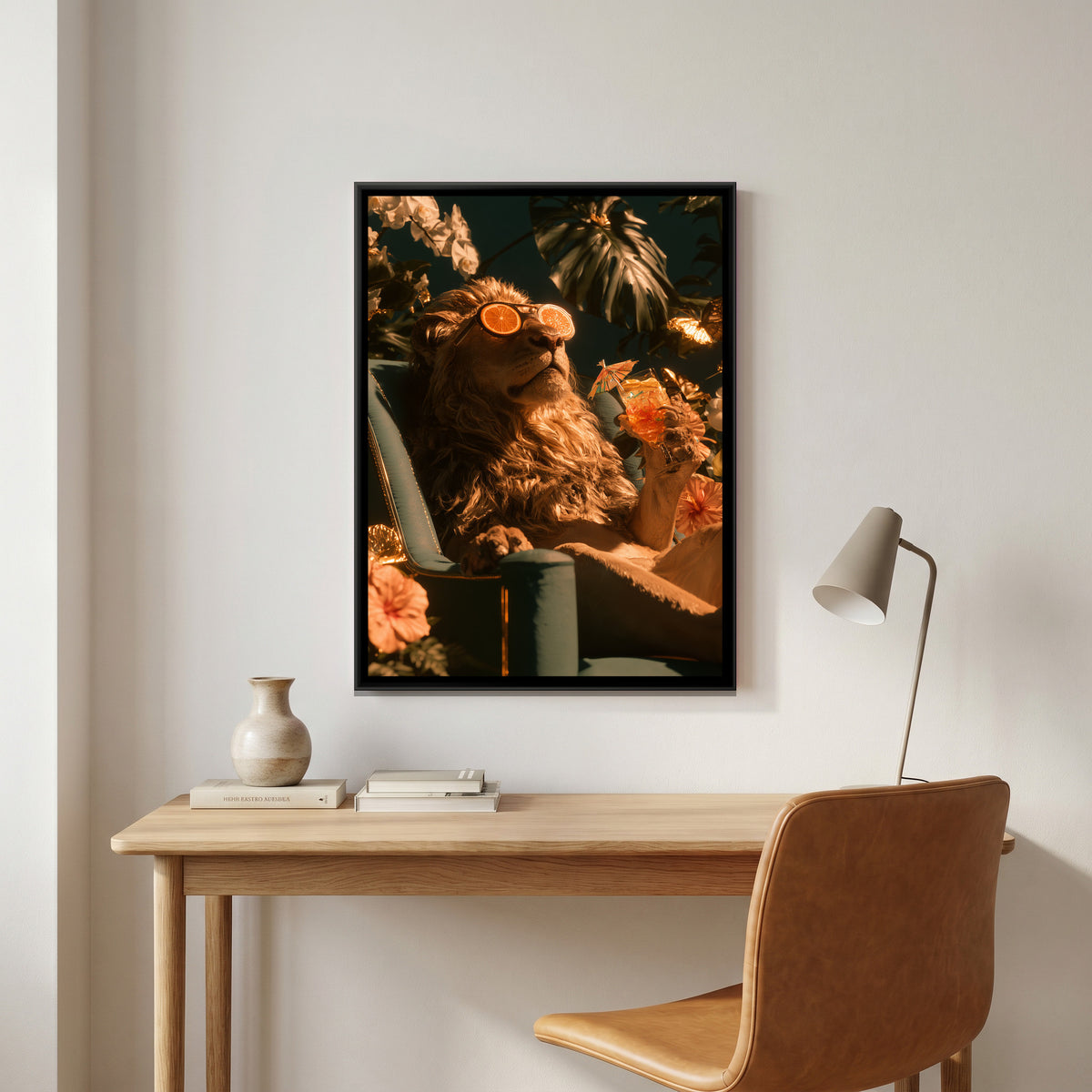 Lion with Cocktail — canvas art shown in a second room setting