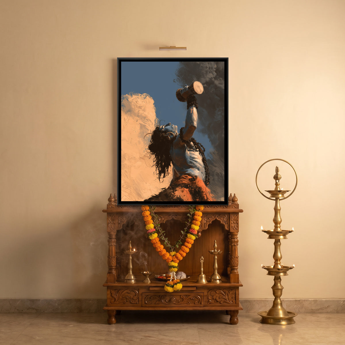 Mahadev with Damru — canvas art shown in a styled room
