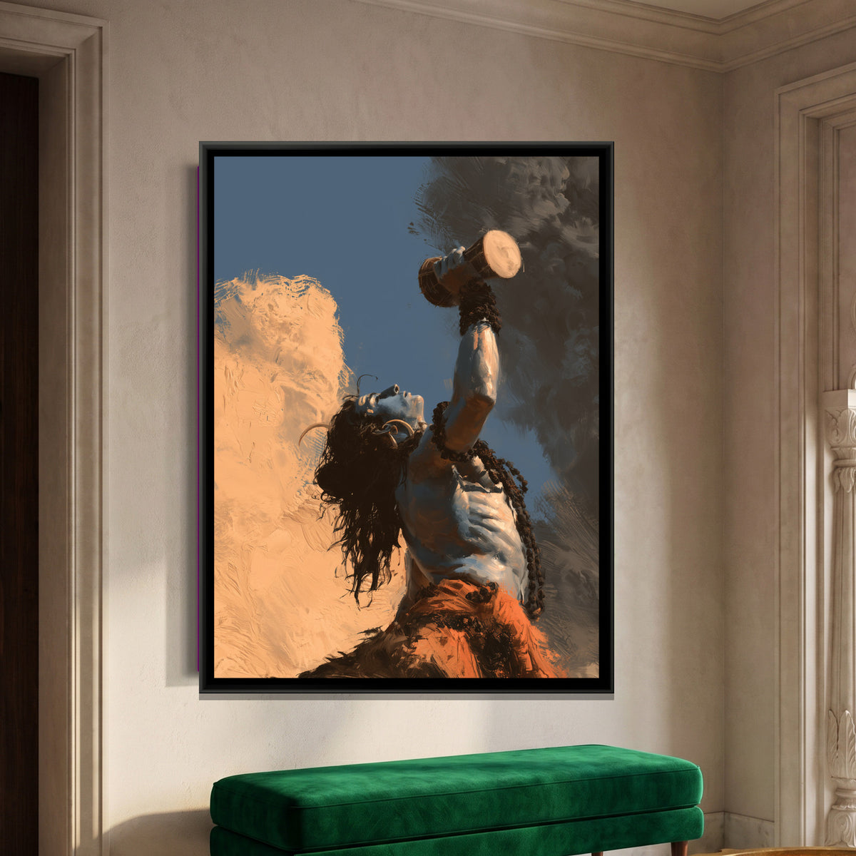 Mahadev with Damru — framed canvas art hung on a wall