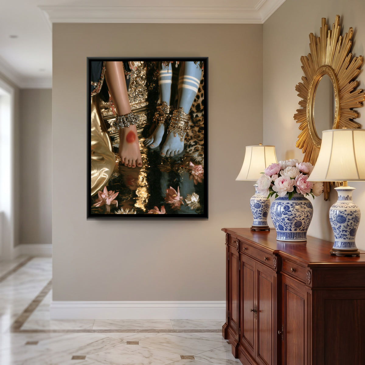 Shiva Parvati Feet — canvas art shown in a second room setting