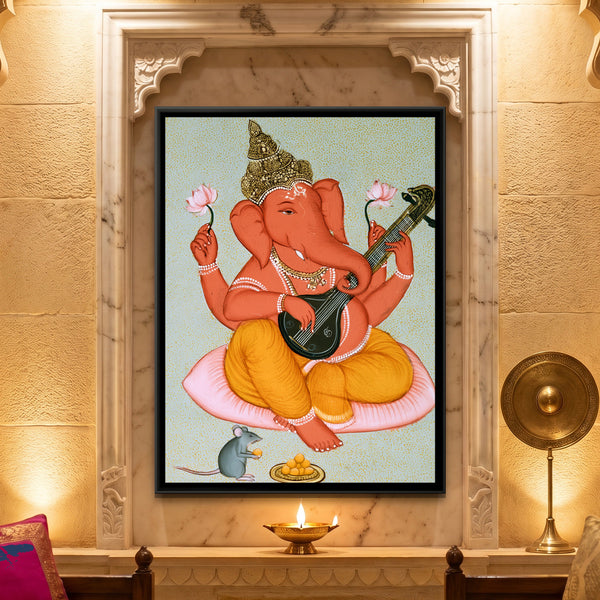 Shri Ganesh Playing Veena — framed canvas art hung on a wall