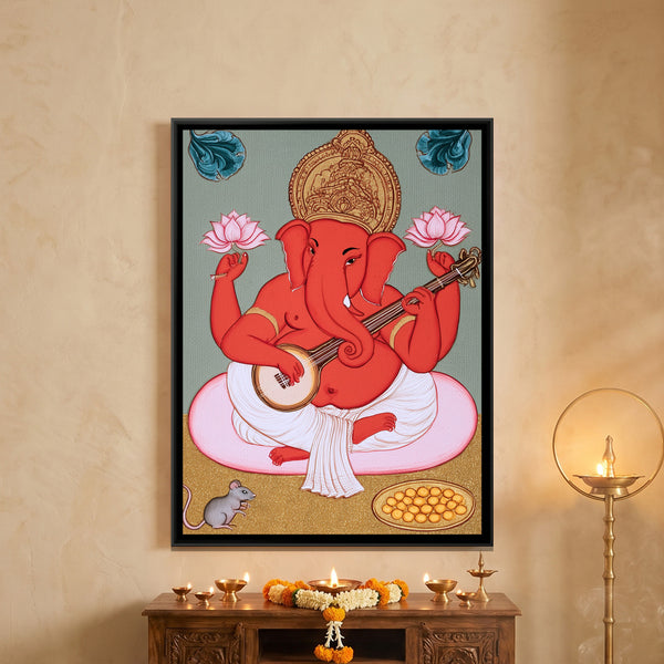 Shri Ganesh Playing Veena — framed canvas art hung on a wall