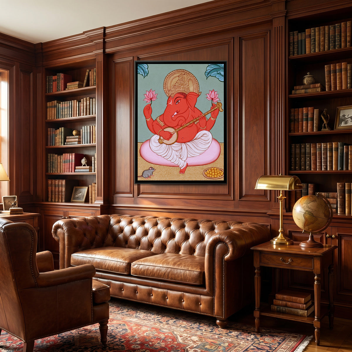 Shri Ganesh Playing Veena — canvas art shown in a styled room
