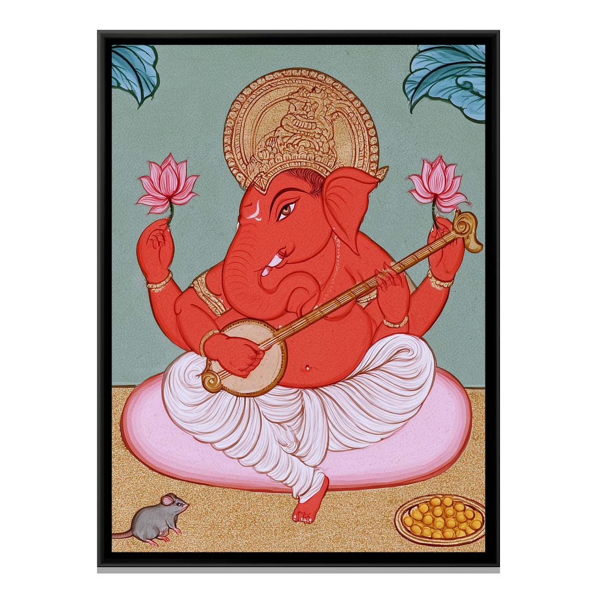 Shri Ganesh Playing Veena — framed canvas print, front view