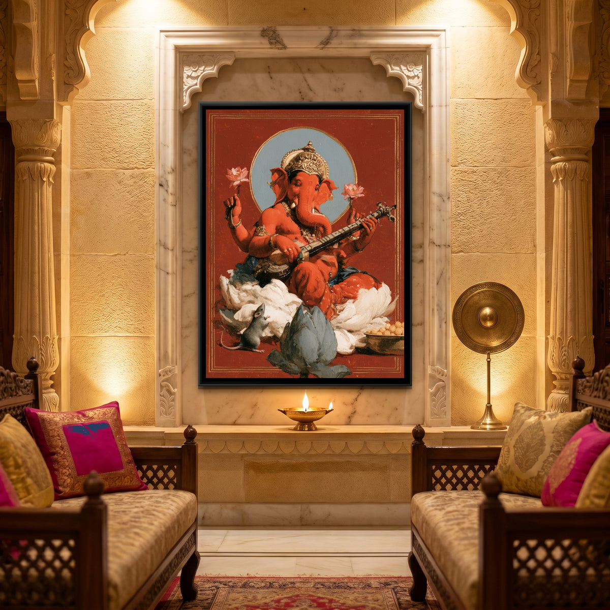 Shri Ganesh Playing Veena — canvas art shown in a styled room
