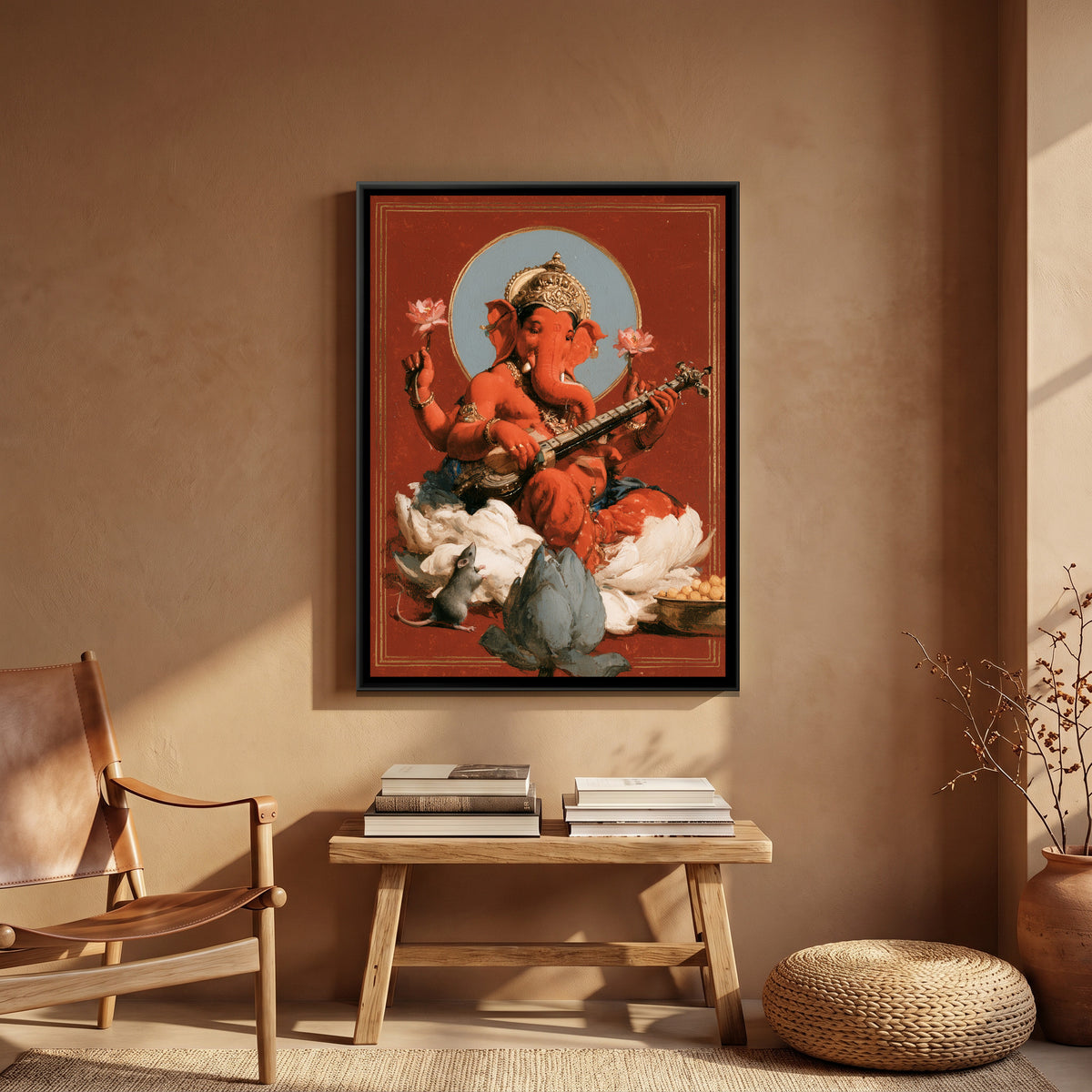 Shri Ganesh Playing Veena — canvas art shown in a second room setting