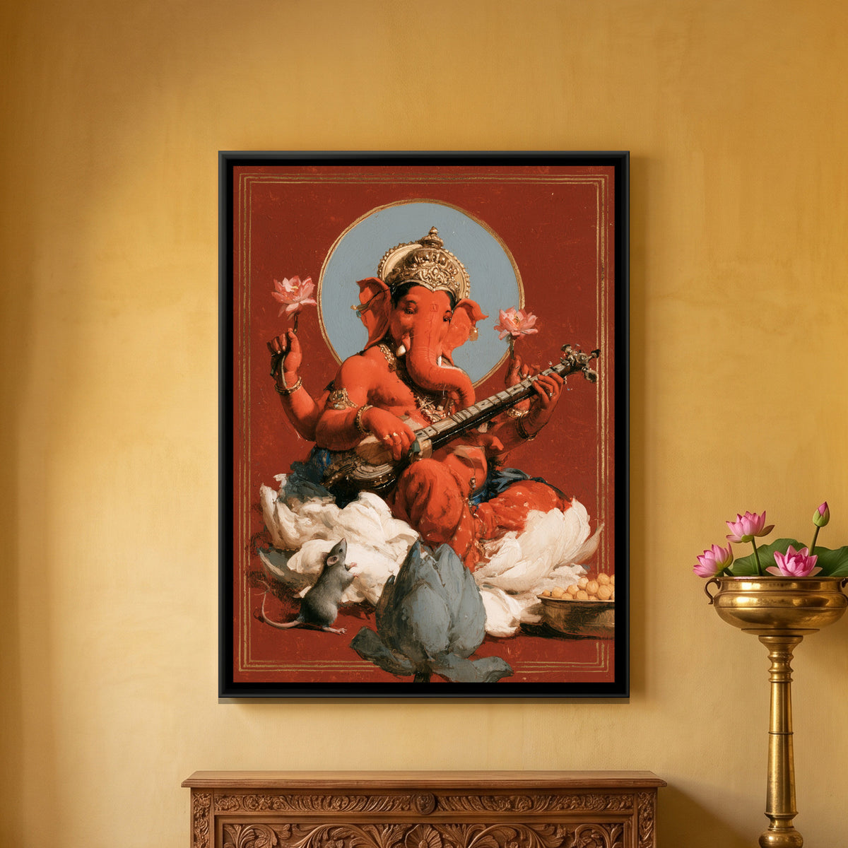 Shri Ganesh Playing Veena — framed canvas art hung on a wall