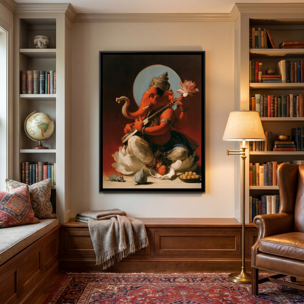 Shri Ganesh Playing Veena — canvas art shown in a second room setting