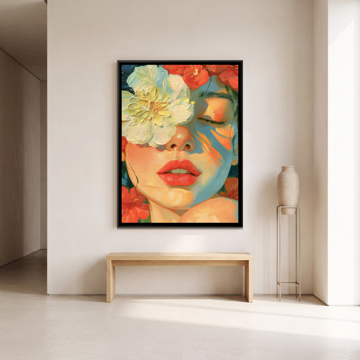 Woman with Flowers — canvas art shown in a styled room
