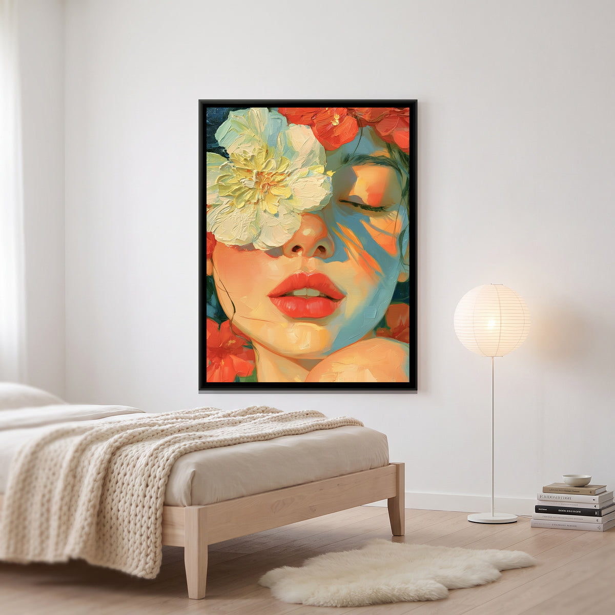 Woman with Flowers — canvas art shown in a second room setting