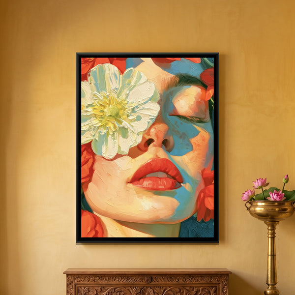 Woman with Flowers — framed canvas art hung on a wall