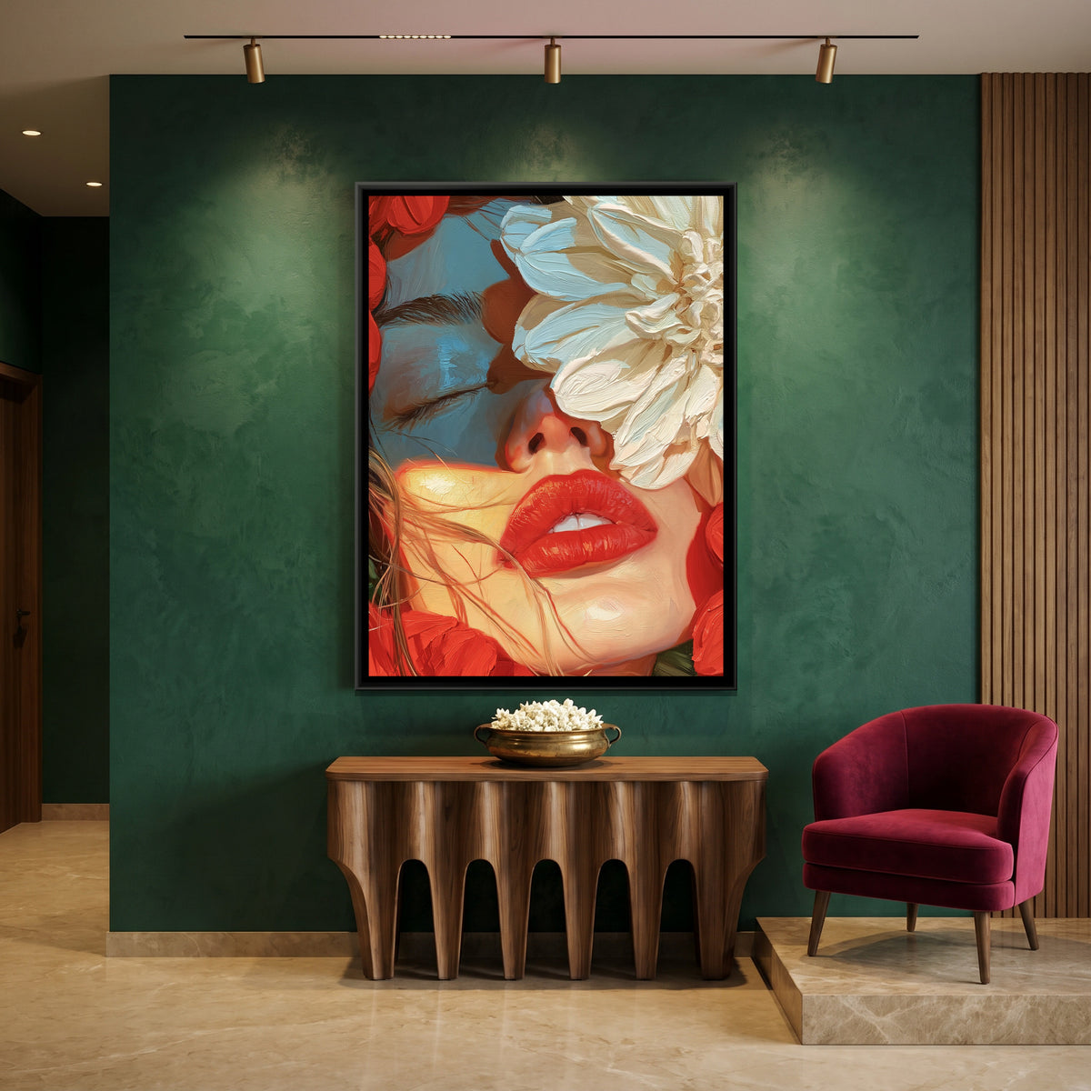 Woman with Flowers — canvas art shown in a second room setting