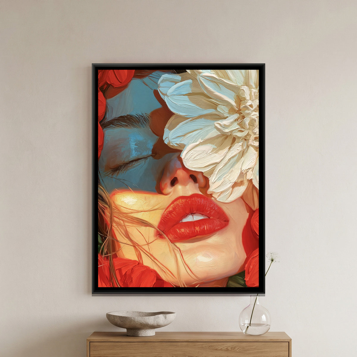 Woman with Flowers — framed canvas art hung on a wall