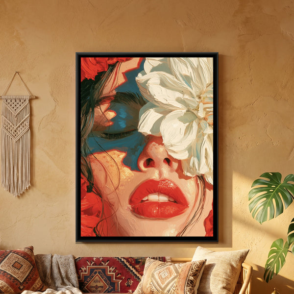 Woman with Flowers — framed canvas art hung on a wall