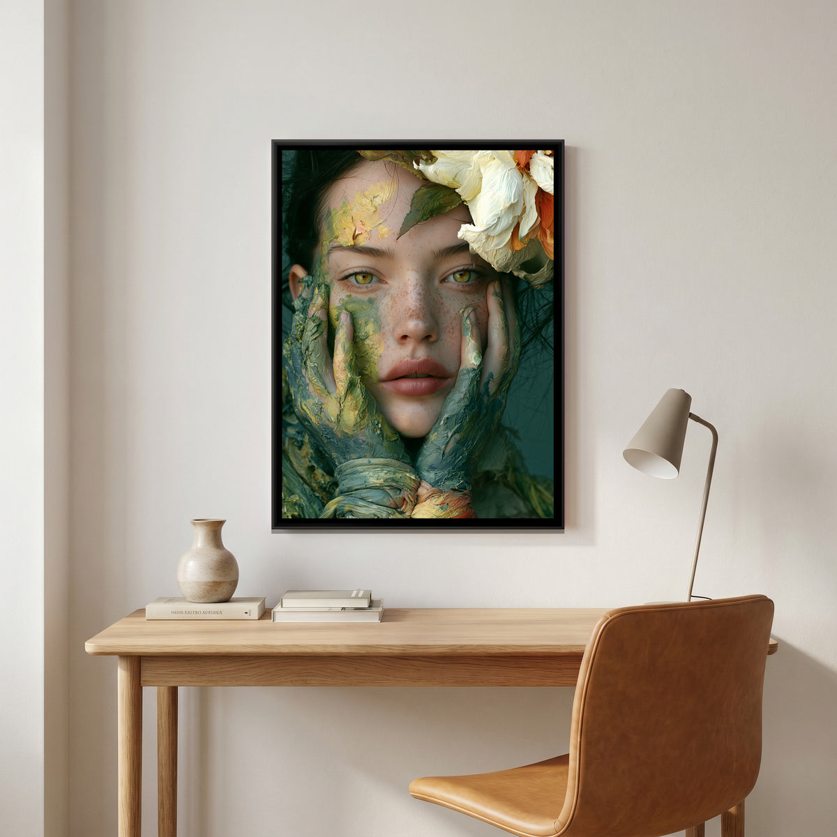 Woman with Rendered Face — canvas art shown in a second room setting