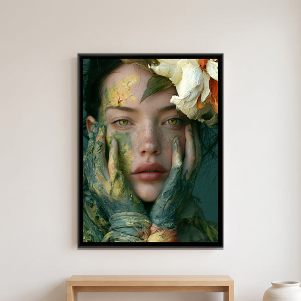 Woman with Painted Face — framed canvas art hung on a wall