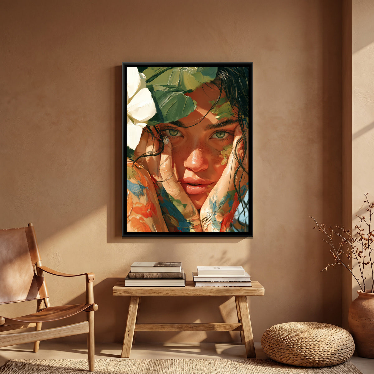 Woman with Rendered Face — canvas art shown in a second room setting