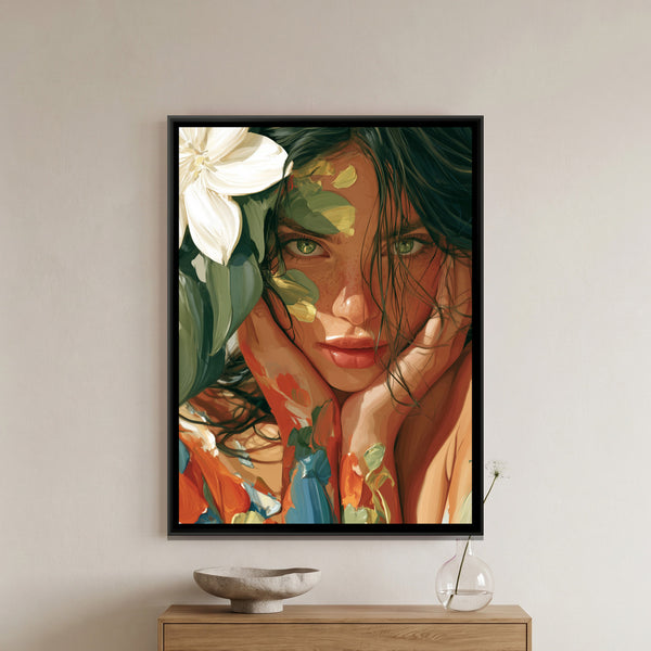 Woman with Painted Face — framed canvas art hung on a wall
