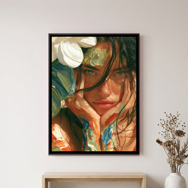 Woman with Painted Face — framed canvas art hung on a wall