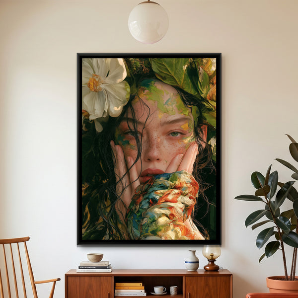 Woman with White Blossoms in Her Hair — framed canvas art hung on a wall